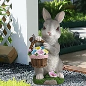 olcso Tájvilágítás-húsvéti nyuszi virágkosár gyantás figura lámpával, kültéri napelemes vízálló kerti dekoráció, udvari ösvény gyepvilágítás, aranyos állatszobor, mezőgazdasági tájképi díszvilágítás kültéri dekorációhoz