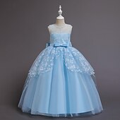 baratos Vestidos de Menina das Flores-Vestido para Meninas das Flores Para Meninas Vestido formal Traje de casamento Festa Casamento Formal Moda Adorável Formal Patchwork Com Transparência Floral Princesa Sem Manga Gola Redonda Azul