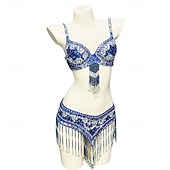 preiswerte Bauchtanzkleidung-Samba Dancewear Tiefblaues Ornamental Beaded Pailletten Bauchtanz-Set Leistungskostüm