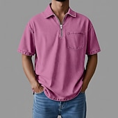 abordables Polo clásico para hombre-Polo de cremallera SoftFade™ Camiseta de Algodón para Hombre Ropa diaria Cita Media cremallera Manga corta Moda Básica Lisa Bolsillo con cremallera Primavera y Verano Ajuste regular Negro Rosa Marrón