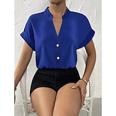  Dames Blouse Knop Effen Elegant Dagelijks Stijlvol Korte mouw V-hals Normale tops Dagelijks blauw Zwart Blozend Roze Oranje Groen Zomer Lente