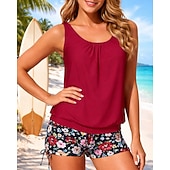 preiswerte Surfen Tankinis &amp; Bikinis-Damen Geraffter Tankini 2 Teile Tropisch UV Schutz Elastisch Ärmellos Bademode Surfen Strand Schwimmen Sommer