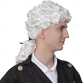 voordelige Historische pruiken-Witte pruik - historische koloniale gepoederde pruik met paardenstaart, kostuumaccessoire voor volwassenen en kinderen.