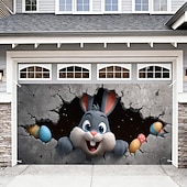 billiga Semestertapeter-Påskgarageportsskydd 157,48 x 70,87 tum söt kanin som bryter igenom väggen färgglada ägg rolig påskdekor utomhusgarage vårfest familjefest bakgrundsscen