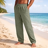 preiswerte Urlaub-Herren Leinenhosen Hose Sommerhose Baggy-Hosen Strandhose Kordelzug Elastischer Bund Gerader Schnitt Einfach Komfort Atmungsaktiv Volle Länge Lässig Täglich Outdoor Mode Klassicher Stil Schwarz