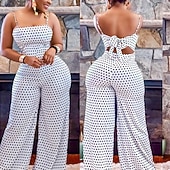 billiga festoveraller-Dam Vanligt Jumpsuits Streetwear Prickig Ärmlös Brett skaft Mönster Öppen rygg Fest Gata Normal Svart Vit Sommar