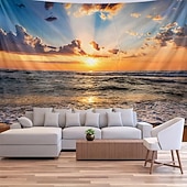 billige Veggoppheng-solnedgang strand billedteppe veggteppe hav sjøbølger solstråler natur landskap veggkunst til stue yogarom meditasjonsrom dekor