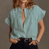 cheap Plain Blouses-Women's Linen Like Faux Cotton Linen Shirt Casual Shirt Button Up Shirt Ruched Ruffle Buttons Solid Color Plain Daily Stylish Casual Short Sleeve Stand Collar  Holiday Beach Wear Vacation Wear