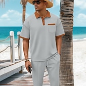 preiswerte Basic T-Shirts für Herren-2-teiliges Herren-Sommer-Waffel-Polohemd &amp;Polo-Hose, passendes Set, Strandkleidung, Alltagskleidung, Ausgehkleidung, Kordelzug, schlicht, schwarz, weiß, königsblau, Sportbekleidung, Mode