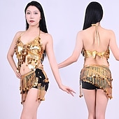 cheap Tops &amp; Sets-Samba Dancewear Silver Sequin Tassel Top &amp; Iridescent Skirt Belly Dance Setl Performance Costume