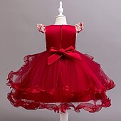 abordables Robes de Fille de Fleurs-Robe de Demoiselle d'Honneur Fille Fille Robe de soirée Tenue de mariage Soirée Mariage Formel Mode Adorable Princesse Patchwork Broderie Fleuri Sans manches Col en V Bleu Champagne 4 ans et +