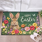 levne Doormaty-Velikonoční rohožka s roztomilým králíčkem obklopeným zářivými květinami a pozdravem Veselé Velikonoce, ideální pro jarní sváteční dekoraci.