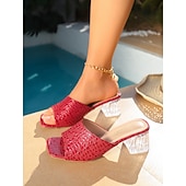 economico Donne-mules da donna con stampa coccodrillo, punta aperta, tacco a blocco trasparente, design slip-on, calzature eleganti per le serate in resort