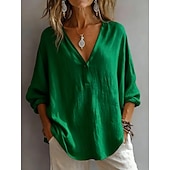 お買い得  ラグジュアリーシャツ-女性用 コットンリネンシャツ フリル 純色 日常 ベーシック カジュアル 長袖 Ｖネック レギュラートップス 日常 ブルー ホワイト ピンク グリーン 夏 春 秋