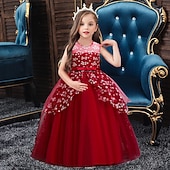 baratos Vestidos de Menina das Flores-Vestido para Meninas das Flores Para Meninas Vestido formal Traje de casamento Festa Casamento Formal Moda Adorável Formal Patchwork Com Transparência Floral Princesa Sem Manga Gola Redonda Azul