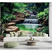cheap Wall Tapestries-Aesthetic Zen Jungle Cave Tapestry 3D Waterfall Forest Sunlight Wall Decor Serene Nature Landscape Hanging for Yoga Studio Meditation Room