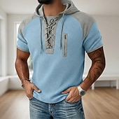  رجالي وافل هينلي قميص تي الأعلى كم قصير مع قبعة ربط الحذاء حتى الرقبة الصيف الربيع كل الفصول بقع موضة مصمم كاجوال مكعبات الألوان فضفاض مناسب للبس اليومي الأماكن المفتوحة أزرق فاتح أسود نبيذ