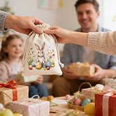 お買い得  イースター-イースターバニープリントの黄麻布巾着袋（パステルカラーのバニー付き）12個入り &amp;花柄、卵を集めるかわいいウサギ、イースターエッグハント、ベビーシャワー、結婚式、春のパーティー用のポリエステル製イースターギフトバッグ