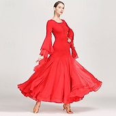 economico Sala da Ballo Standard-abito da ballo da sala nero da donna con scollo a V, maniche a balze multistrato, abito da valzer, abbigliamento da ballo moderno standard da competizione