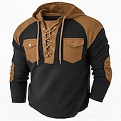 preiswerte T-Shirt mit Waffelstrick-Herren Waffel T-Shirt T Shirt Waffel-Henley-Hemd Herrenhemden mit Ellbogenflicken Langarm Mit Kapuze Schnürhals Herbst Winter Frühling &amp; Herbst Einfarbig Traditionell / Vintage Lässig Kordelzug