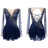 abordables Robes de Patinage Artistique-Robe de patinage artistique Femmes Patinage Robe Bleu marine Noir Jaune Patchwork Trou de pouce Élastique Entraînement Compétition Tenue de Patinage Classique cristal pailleté manche longue Patinage