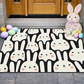 abordables Felpudo-Felpudo de Pascua con una divertida cara de conejo en blanco y negro y lindas mejillas sonrosadas, ideal para la entrada festiva de Pascua.