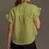 cheap Plain Blouses-Women's Linen Like Faux Cotton Linen Shirt Casual Shirt Button Up Shirt Ruched Ruffle Buttons Solid Color Plain Daily Stylish Casual Short Sleeve Stand Collar  Holiday Beach Wear Vacation Wear