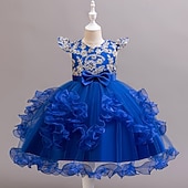 abordables Robes de Fille de Fleurs-Robe de Demoiselle d'Honneur Fille Fille Robe de soirée Tenue de mariage Soirée Mariage Formel Mode Adorable Princesse Patchwork Broderie Fleuri Sans manches Col en V Bleu Champagne 4 ans et +