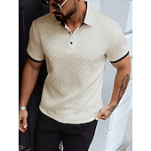 billige Klassisk poloskjorte for menn-Herre Poloskjorter Med Tekstur Avslappet Virksomhet Ribbet polokrage Klassisk Kortermet Mote Grunnleggende Helfarge Jacquardvevnad Knapper Sommer Vår Vår &amp; Vinter Normal Hvit Beige Poloskjorter