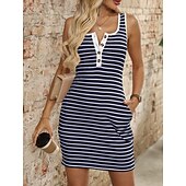 billiga Randiga och geometriska klänningar-Dam Mini klänning Sheath Dress Sommarklänning Ledigt Dagligen Normal Randig Ärmlös U-hals Marin Svart Vit Rodnande Rosa Sommar