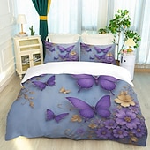 abordables Juegos de funda nórdica-Juego de funda nórdica con estampado de flores y mariposas de rosas moradas, juego de cama estilo hotel con 1 funda nórdica y 2 fundas de almohada, tela de felpa suave, no incluye edredón.