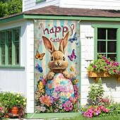 Недорогие Гаражные и дверные баннеры-Пасхальный дверной баннер, счастливый пасхальный кролик, разноцветное яйцо, бабочка, подсолнух, весенняя вывеска для крыльца, настенный гобелен, декор для дома.