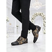 Χαμηλού Κόστους Βασικά Παπούτσια-Κομψά ανδρικά δερμάτινα νυφικά παπούτσια - μαύρα με χρυσό φλοράλ μοτίβο, υποδήματα υψηλής ποιότητας για γάμους και επίσημες γιορτές