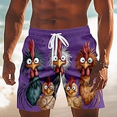 billiga Djur &amp; Fåglar-Herr Tecknat Brud Frizzle Chickens Badshorts Boardshorts Medium Midja Hawaiisk Rolig Strandsemester Sidfickor Mesh foder Elastisk dragsko i midjan Designer Kläder