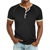 baratos Camiseta Henley Casual-Homens Camisa Henley Camisetas Camiseta 100% algodão Manga Curta Côr Sólida Tecido Cor Única Moda Designer Casual Bloco de cor Botões Henley Casual Diário Ao ar livre Primavera Verão Verão Primavera