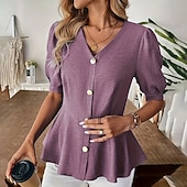 preiswerte Einfache Blusen-Damen Freizeithemd Knopfhemd Bluse Gerafft Tunika Knöpfe Einfarbig Einfach Elegant Täglich Stilvoll Kurzarm Puffärmel V Ausschnitt Normale Oberteile Ferien Strandbekleidung Urlaubskleidung Blau Kamel