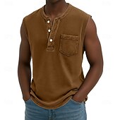 abordables Débardeurs-Débardeur pour homme SoftFade™ sans manches chemise sans manches Henley été printemps uni basique poche style vintage teinture en pièce vacances street décontracté quotidien noir haut Tee pour hommes