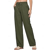 halpa Oleelliset keinotekoiset alaosat-Naisten Puuvillaiset pellavahousut Kiinalainen Kesähousut Suora Loma Perus Vapaa-aika Täyspitkä Korka vyötärö Yhtenäinen väri Tasku Elastinen vyötärönauha Mukava Pehmeä Elastinen ulko- Katu Sininen