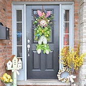 cheap Home Decor-2 Pack Large Easter Bunny Swag Wreath for Front Door, 24" Artificial Spring Bunny Hanger with Lavender Eggs &amp; Green Bows, Whimsical Farmhouse Easter Wall Porch Decor, Cute Outdoor Holiday Decoration