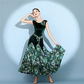 abordables Salle de Bal Standard-Robe de bal rouge en velours pour femme, sans manches, à imprimé floral, jupe ample, style valse, tango, moderne, standard, compétition.