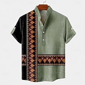 tanie Wzór etniczny-Męskie Wzór geometryczny Etnické Koszula Koszula zapinana na guziki Krótki rękaw Vintage Retro Święto Codzienne Lato Wiosna Stójka Kołnierz Henley Druk 3D Koszula z lnu Ciemny khaki Zielony Khaki