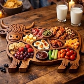 Недорогие Хранение на кухне-Деревянная доска для закусок в виде шотландской коровы, деревянное блюдо для еды в виде коровы, деревенская сервировочная доска в стиле фермерского дома, поднос для закусок, фруктов, мяса и сыра для