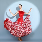 abordables Salle de Bal Standard-Robe de bal rouge en velours pour femme, sans manches, à imprimé floral, jupe ample, style valse, tango, moderne, standard, compétition.
