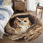 economico Tappeti-Tappeto rotondo con illusione ottica 3D, gufo nella cavità di un albero, stampa piatta 2D, tappeto decorativo accogliente e stravagante