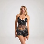 tanie Górne części i zestawy-Samba Dancewear Czarny Kostium do Tańca Brzucha z Wyróżniającymi się Tasiemkami i Cekiny