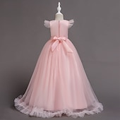 abordables Robes de Fille de Fleurs-Robe de Demoiselle d'Honneur Fille Fille Robe de soirée Tenue de mariage Soirée Mariage Formel Mode Princesse Beau Maille Couleur Unie Sans manches Col Rond Bleu Jaune 4 ans et +