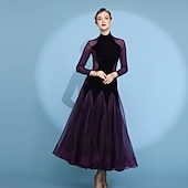 preiswerte Standard-Tanzsaal-Damen-Ballsaalkleid, hochgeschlossen, langärmelig, mit Mesh-Einsätzen, Walzerkleid, Modern Standard, Wettkampf-Tanzbekleidung, lila