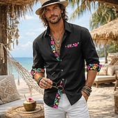 voordelige Vakantie-herenoverhemd linnen overhemd zomeroverhemd strandkleding overhemd met knoopsluiting bloemenprint casual dagelijks boho zwart wit roze grijs lange mouwen revers zomer lente &amp;herfstkleding kledingstuk