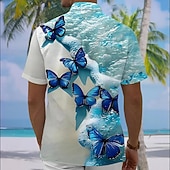 tanie Uccelli &amp; Animali-Men's Butterfly Ocean Waves Summer Hawaiian Shirt Button Up Shirt Aloha Shirt Short Sleeve Hawaiian Casual Vacation Summer Spring Turndown 3D Print Collared Shirts Front One Pocket Blue Purple Green