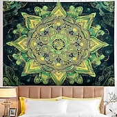 abordables Tapices de pared-Tapiz de mandala verde para colgar en la pared, diseño floral bohemio, gran sala de meditación zen, arte de pared estético, decoración del hogar, arte de pared, telón de fondo, póster de tela